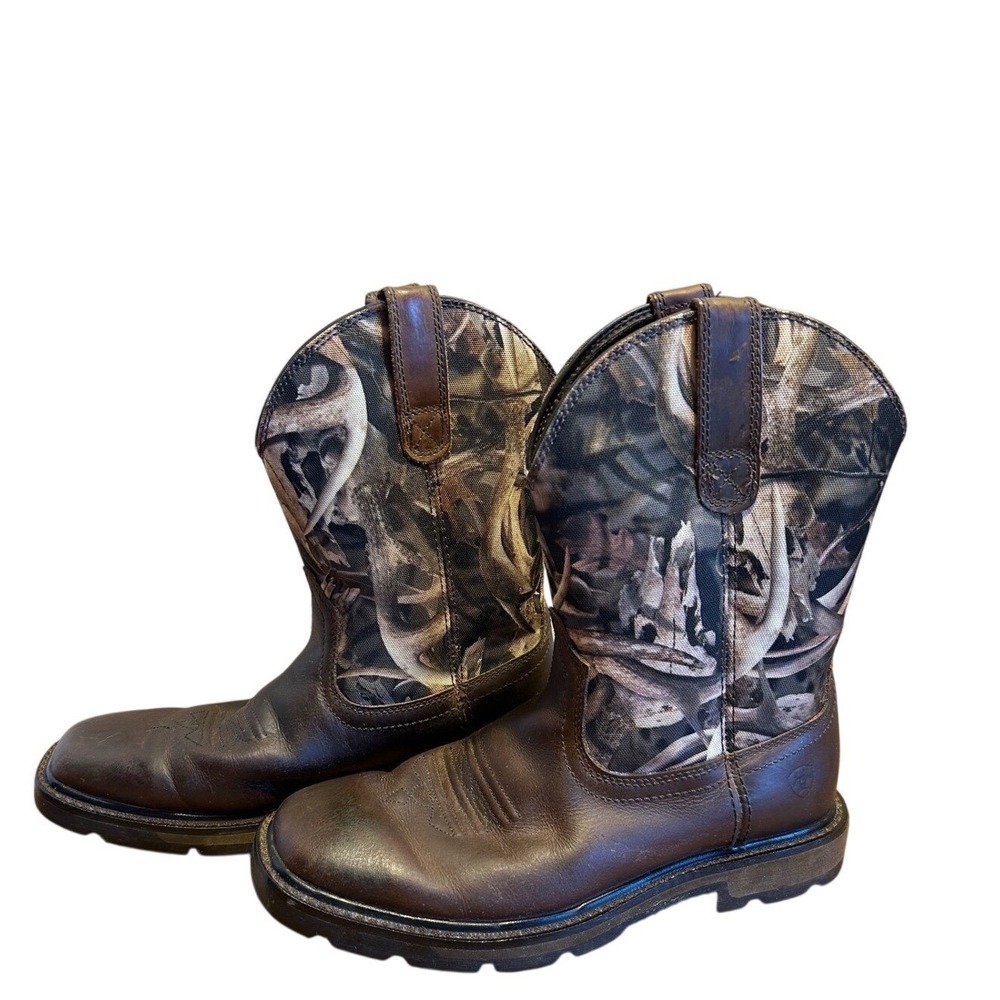 Ariat Youth‎ Western Boots US 7D Brown Camo Leather Pull On Work Boots